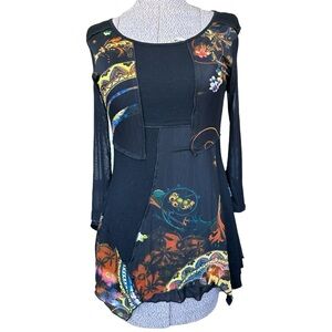 Mesmerize Asymmetrical Sheer Mesh Tunic Top Black Patchwork Size Small Boho